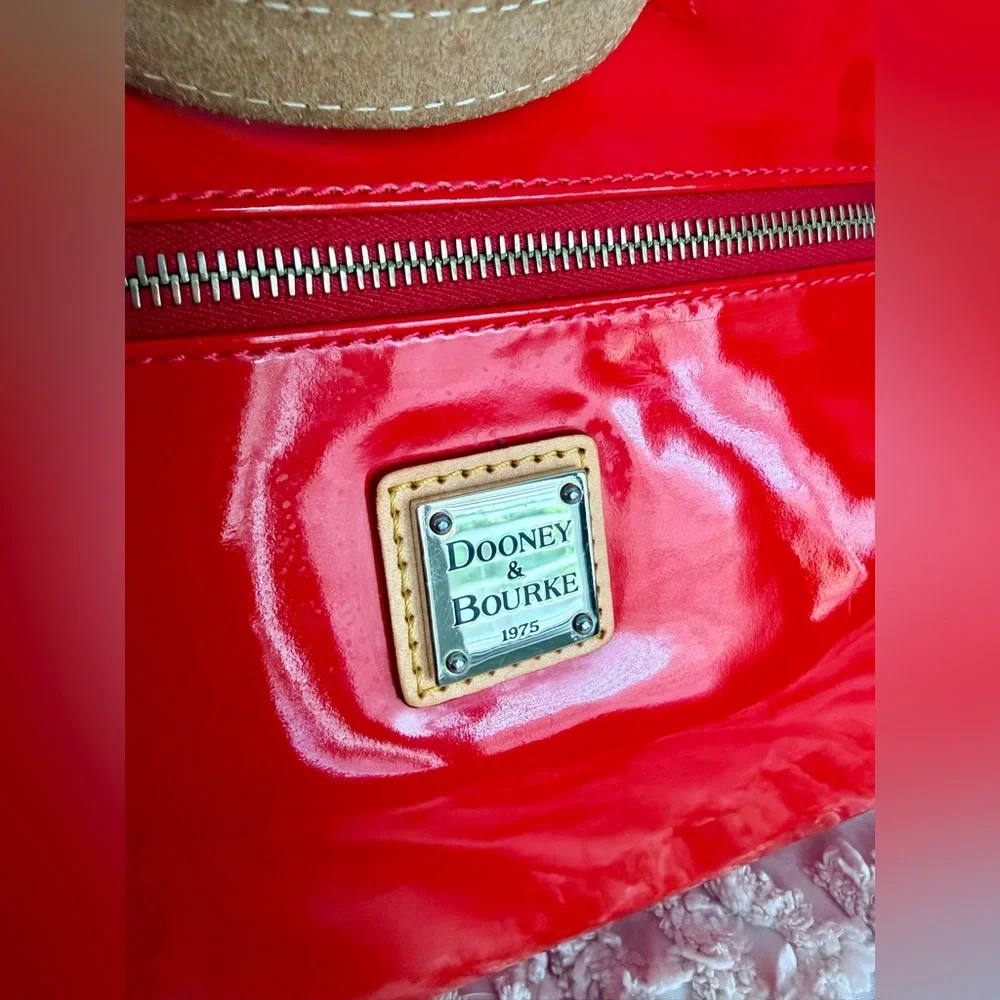 Dooney & Bourke Red Patent Leather Shoulder Hobo Tan Straps. Glossy Luxe Classic - Picture 3 of 17